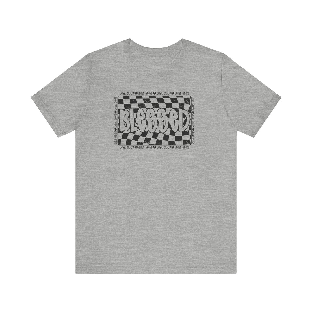 Blessed Tee: Grey t-shirt featuring a checkered design, crafted from soft cotton for a comfortable and stylish fit. Perfect for casual, everyday wear.