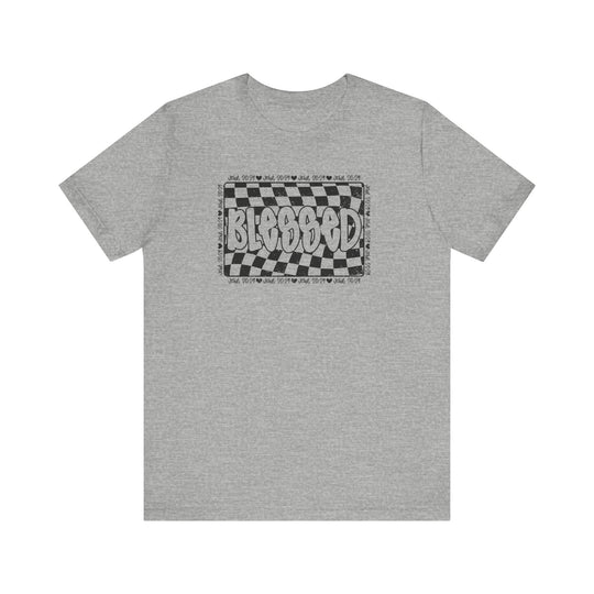 Blessed Tee: Grey t-shirt featuring a checkered design, crafted from soft cotton for a comfortable and stylish fit. Perfect for casual, everyday wear.
