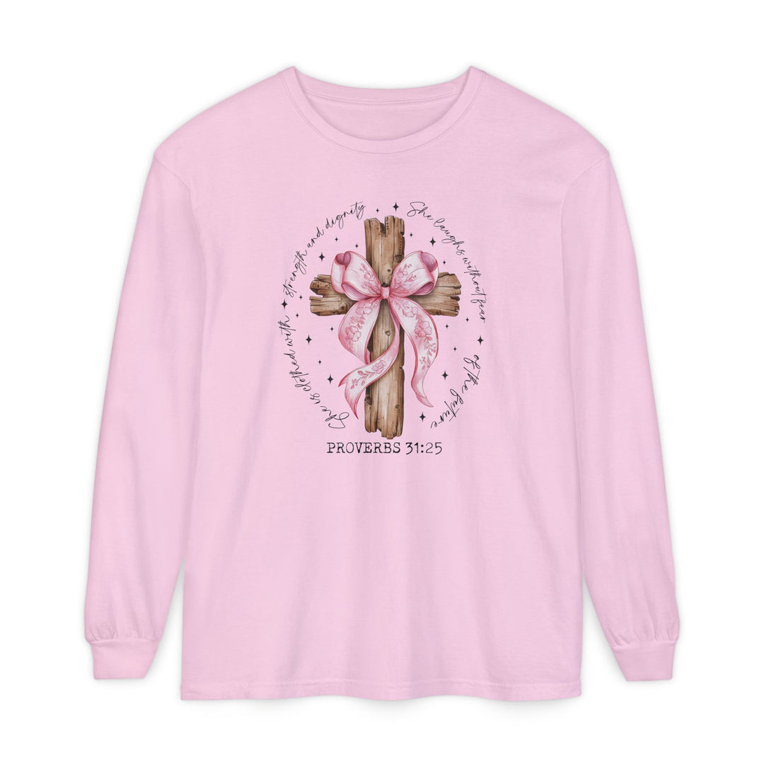 Proverbs 31:25 Long Sleeve Tee featuring a rustic wooden cross with a pink ribbon and elegant script encircling the design, made of 100% ring-spun cotton.
