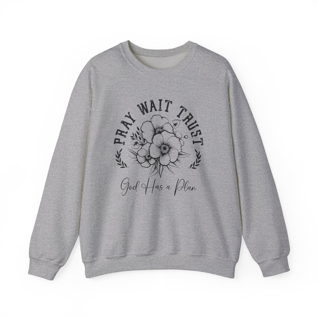 Pray Wait Trust Crew: Grey sweatshirt featuring a black and white floral design. Made from cotton-polyester blend, offering comfort and durability with ribbed collar and no side seams.