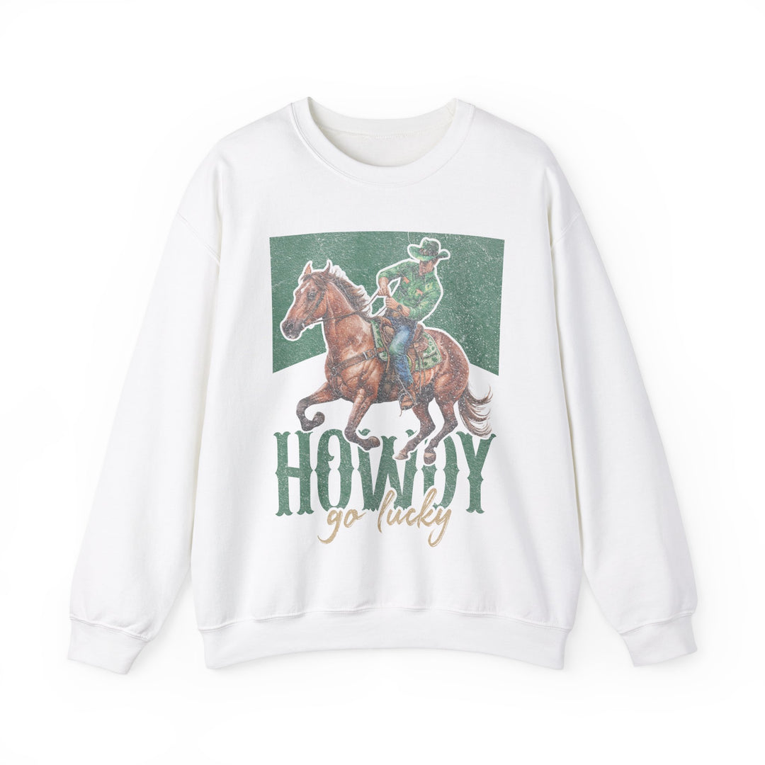 Howdy Go Lucky Crew sweatshirt featuring a cowboy riding a horse design, made from a comfortable polyester-cotton blend for a stylish, relaxed fit.