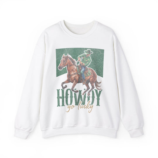 Howdy Go Lucky Crew sweatshirt featuring a cowboy riding a horse design, made from a comfortable polyester-cotton blend for a stylish, relaxed fit.