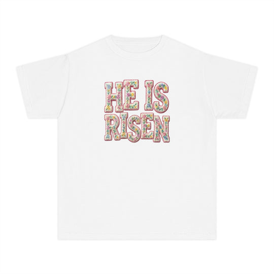 He is Risen Kids Tee: A white crewneck with 'HE IS RISEN' in floral block letters, perfect for active kids. Made from soft, 100% combed cotton.