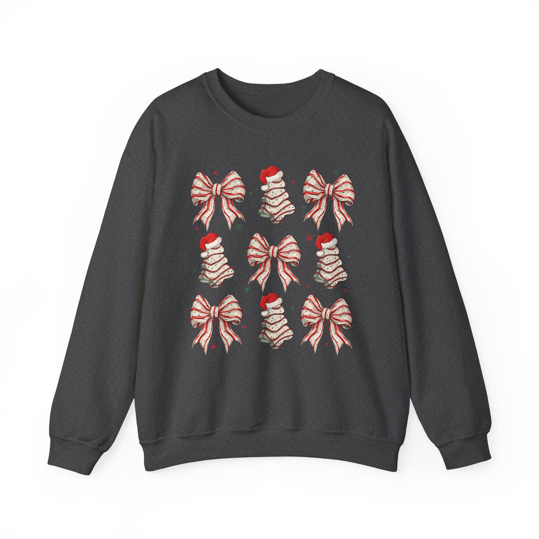 Cookies and Bows Crew sweatshirt features a festive grid of bows and Christmas trees, blending comfort and style with a classic fit and durable fabric.