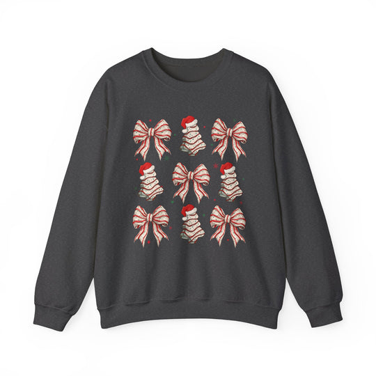 Cookies and Bows Crew sweatshirt features a festive grid of bows and Christmas trees, blending comfort and style with a classic fit and durable fabric.