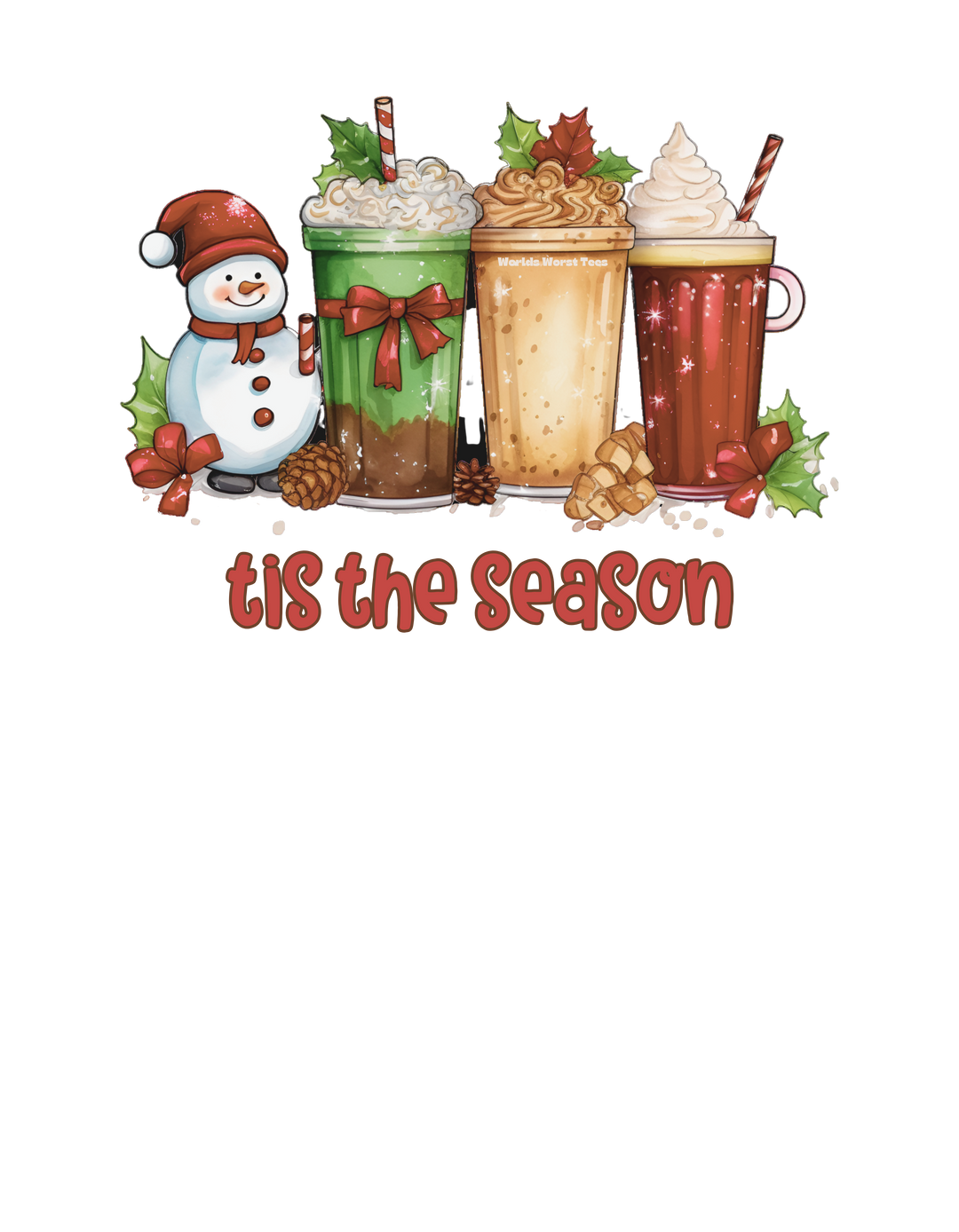 A festive crewneck sweatshirt featuring a snowman and holiday drinks, ideal for cozy comfort. Unisex, 50% cotton, 50% polyester blend, ribbed knit collar, loose fit, no itchy seams. Tis the Season Christmas Crew by Worlds Worst Tees.