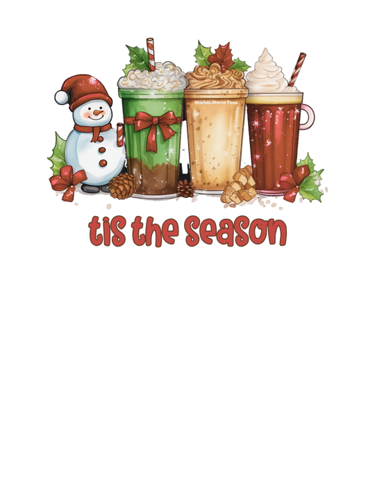A festive crewneck sweatshirt featuring a snowman and holiday drinks, ideal for cozy comfort. Unisex, 50% cotton, 50% polyester blend, ribbed knit collar, loose fit, no itchy seams. Tis the Season Christmas Crew by Worlds Worst Tees.