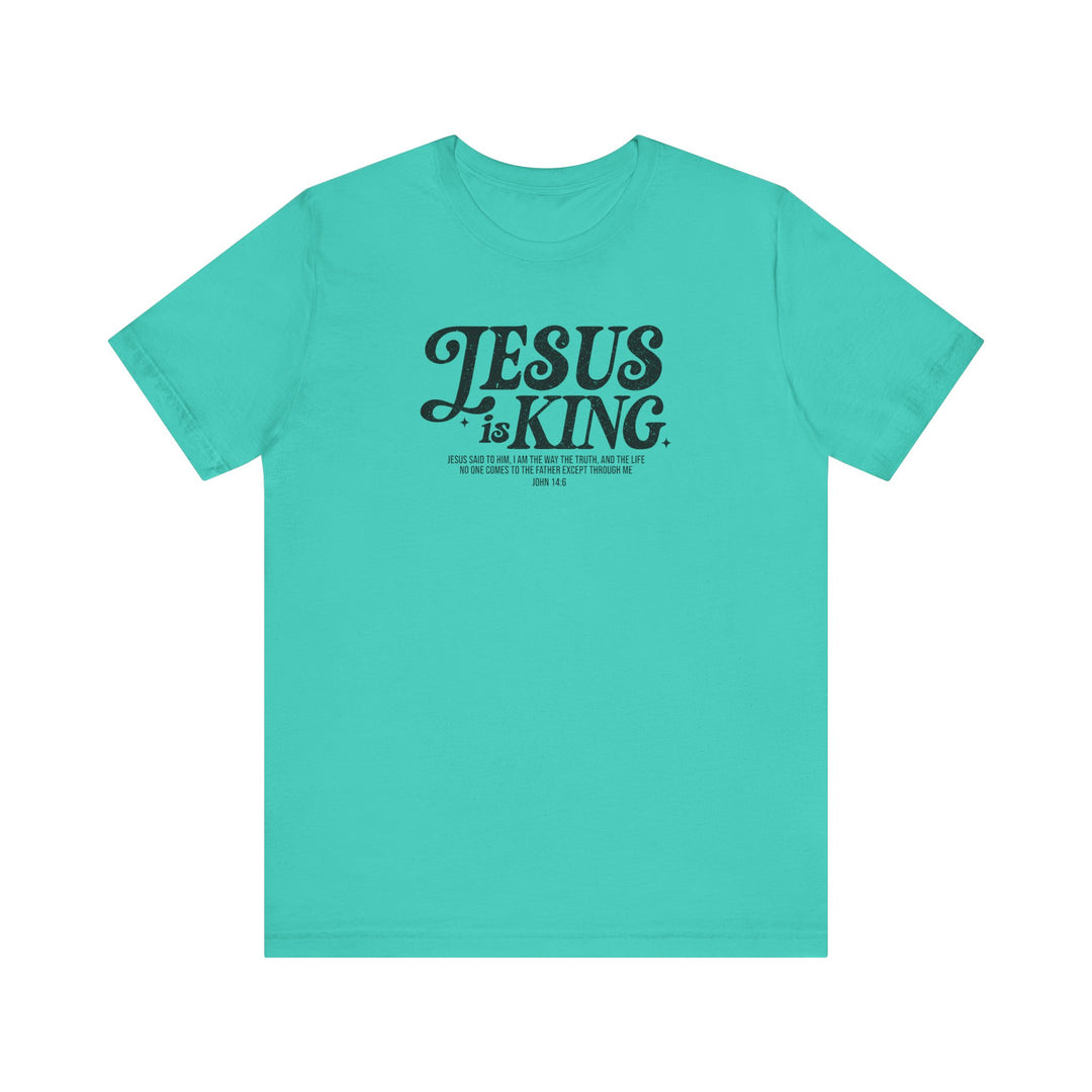 Jesus is King Tee, blue t-shirt with black text, unisex design, featuring soft cotton for comfort and durability with ribbed knit collars and dual side seams.