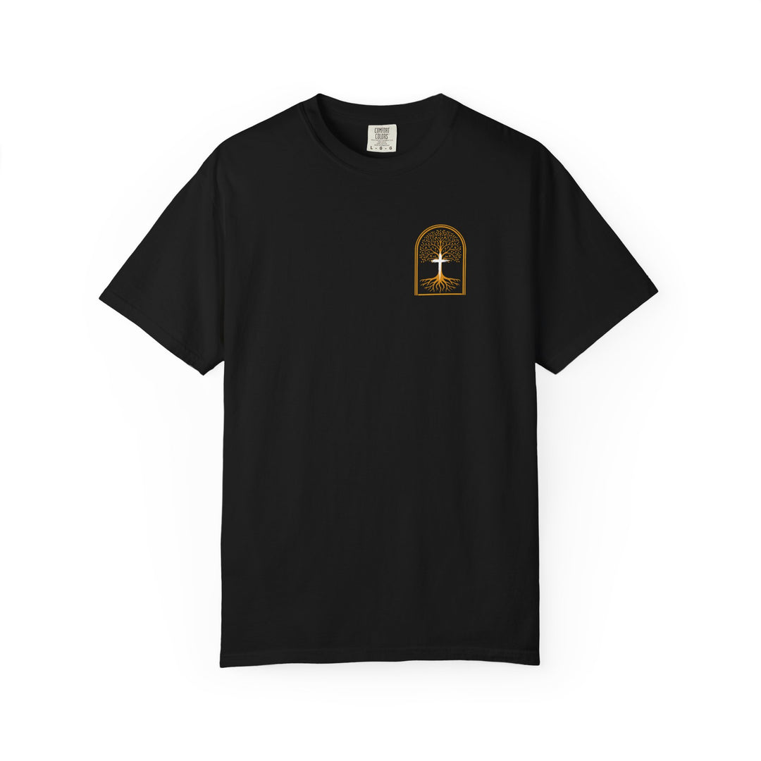 Adam to Noah Tree Tee: Black short-sleeve T-shirt featuring a golden-brown 'tree of life' graphic on the chest, made from soft, durable 100% ring-spun cotton.