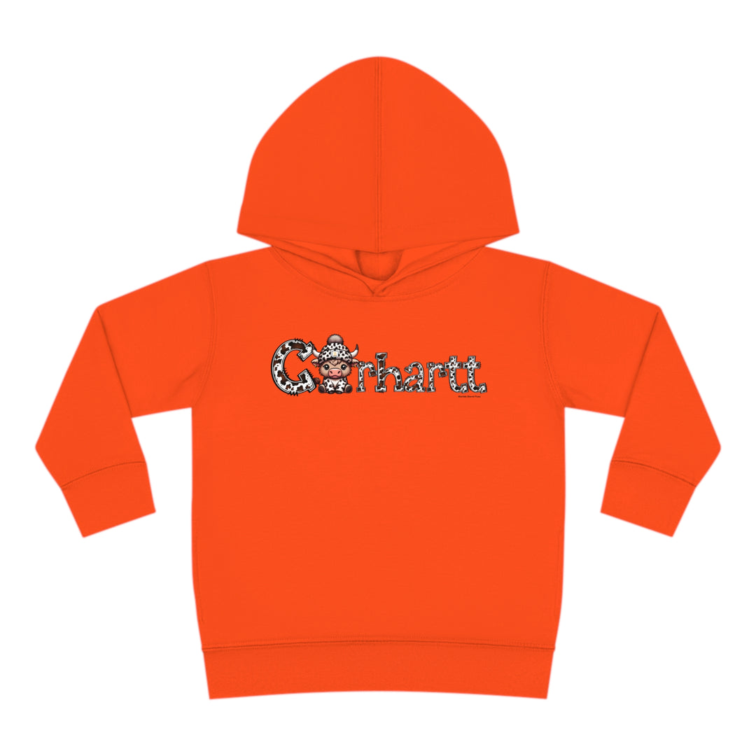Toddler hoodie featuring a cow logo, jersey-lined hood, cover-stitched details, and side seam pockets for durability and coziness. 60% cotton, 40% polyester blend. Sizes: 2T, 4T, 5-6T.
