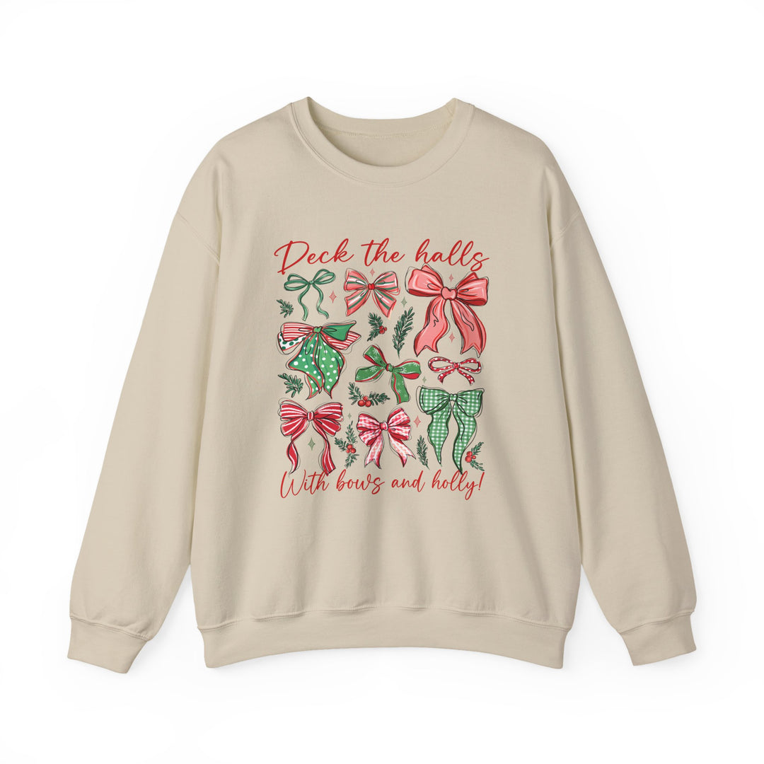 Deck the Halls Crew sweatshirt with festive red and green bows and holly design, offering comfort and style for colder months.