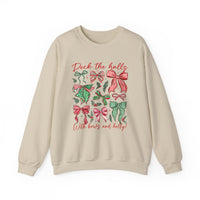 Deck the Halls Crew sweatshirt with festive red and green bows and holly design, offering comfort and style for colder months.