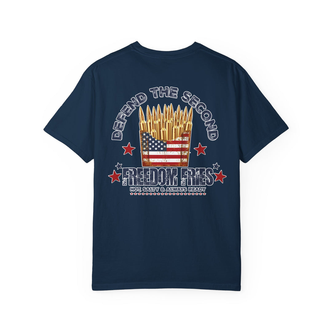 Defend the 2nd Tee, a soft, durable garment-dyed t-shirt made of 100% ring-spun cotton, featuring a relaxed fit and double-needle stitching.