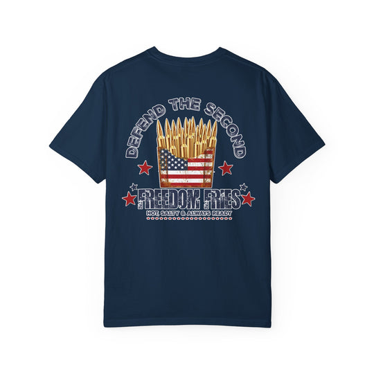Defend the 2nd Tee, a soft, durable garment-dyed t-shirt made of 100% ring-spun cotton, featuring a relaxed fit and double-needle stitching.