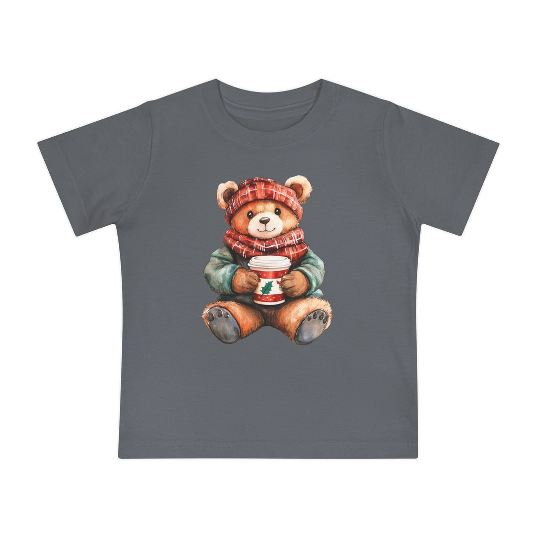 Slate-gray toddler T-shirt featuring a cartoon teddy bear in winter attire, holding a festive cup. It's the Old Money Baby Tee from Faith Family Designs.