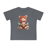 Slate-gray toddler T-shirt featuring a cartoon teddy bear in winter attire, holding a festive cup. It's the Old Money Baby Tee from Faith Family Designs.