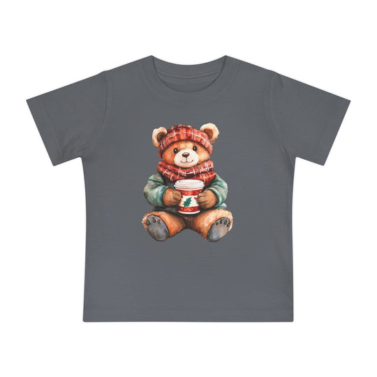 Slate-gray toddler T-shirt featuring a cartoon teddy bear in winter attire, holding a festive cup. It's the Old Money Baby Tee from Faith Family Designs.