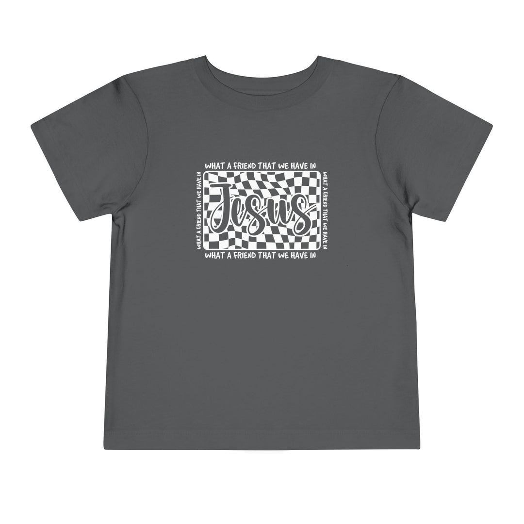 Toddler wearing What a Friend We Have in Jesus tee, showcasing the soft, light fabric and tear-away label of this custom Bella Canvas short sleeve shirt.