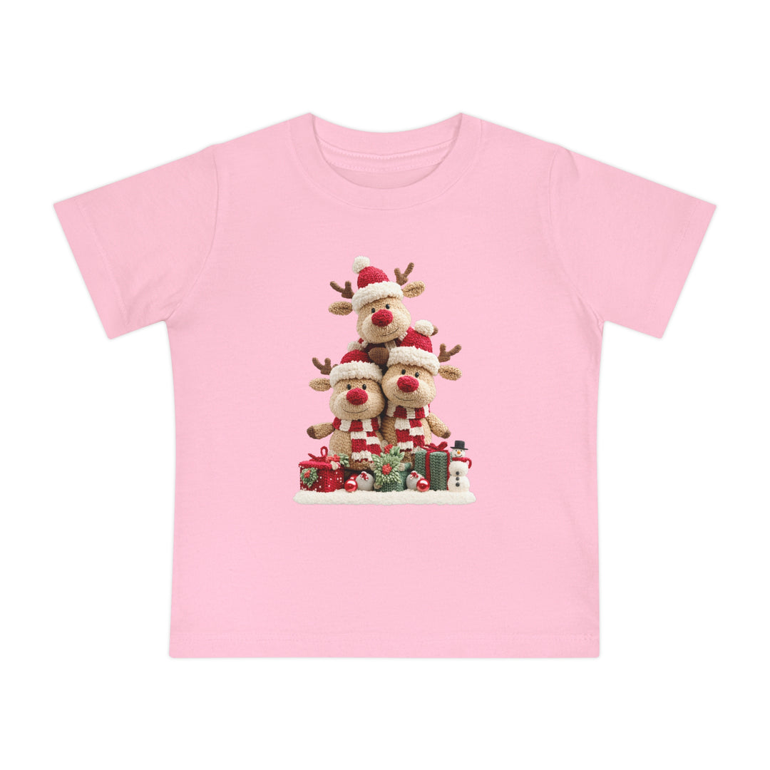 Reindeer Tree Baby Tee featuring festive reindeer in Santa hats, snowman, and gifts. Perfect for baby's first steps, made of soft, durable cotton.