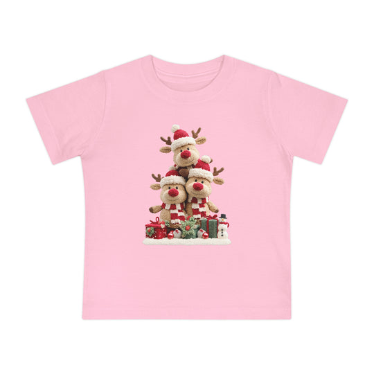 Reindeer Tree Baby Tee featuring festive reindeer in Santa hats, snowman, and gifts. Perfect for baby's first steps, made of soft, durable cotton.