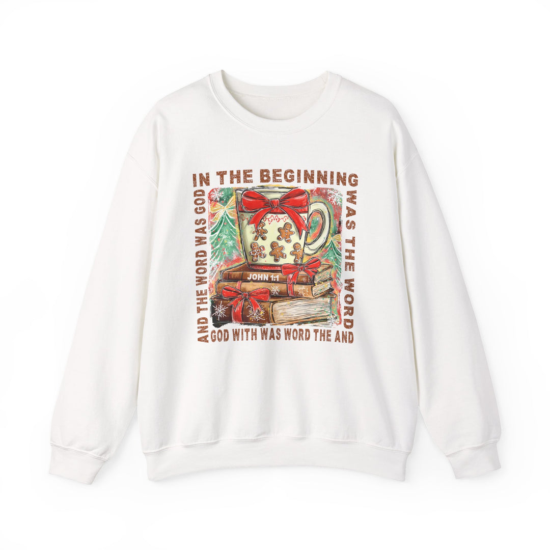In the Beginning Crew sweatshirt features a Christmas-themed design with a gingerbread mug, wrapped books, and John 1:1 text on a snowy background.