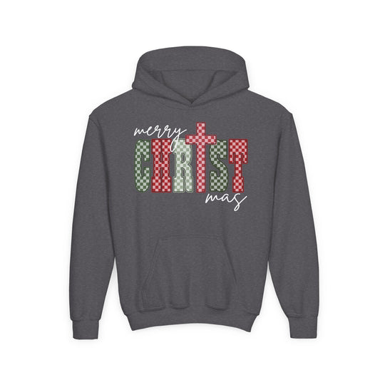 Christmas Youth Hoodie featuring merry CHRIST mas design in festive patterns. Ultra-soft fleece with a kangaroo pocket, perfect for holiday cheer.