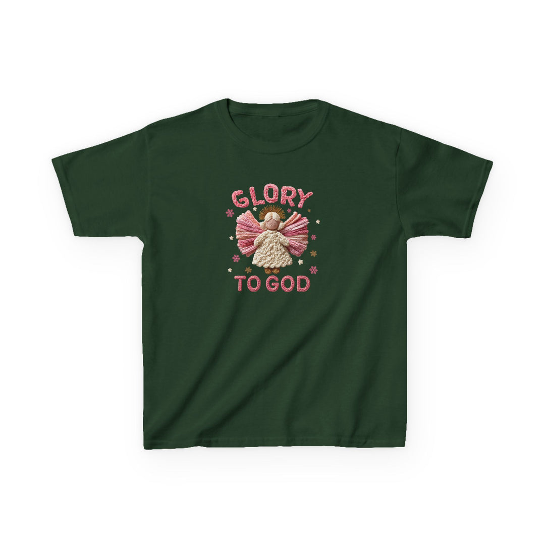 Dark green Glory to God Kids Tee with embroidered angel graphic and pink text, ideal for everyday wear. Made from soft, durable 100% cotton.