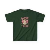 Dark green Glory to God Kids Tee with embroidered angel graphic and pink text, ideal for everyday wear. Made from soft, durable 100% cotton.