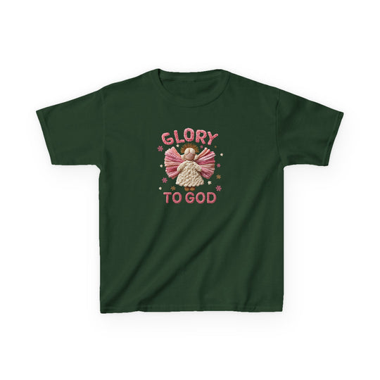 Dark green Glory to God Kids Tee with embroidered angel graphic and pink text, ideal for everyday wear. Made from soft, durable 100% cotton.