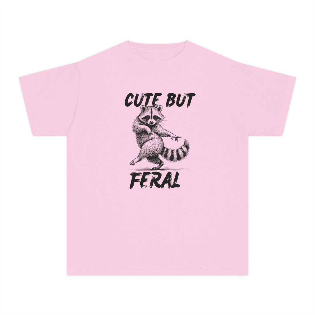 Cute but Feral Kids Tee features a black raccoon sketch with playful text, crafted from soft, 100% cotton for comfort and durability, ideal for active children.