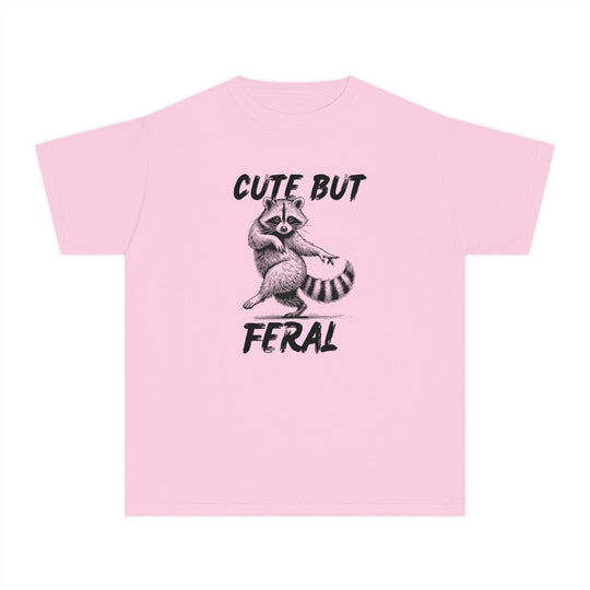 Cute but Feral Kids Tee features a black raccoon sketch with playful text, crafted from soft, 100% cotton for comfort and durability, ideal for active children.