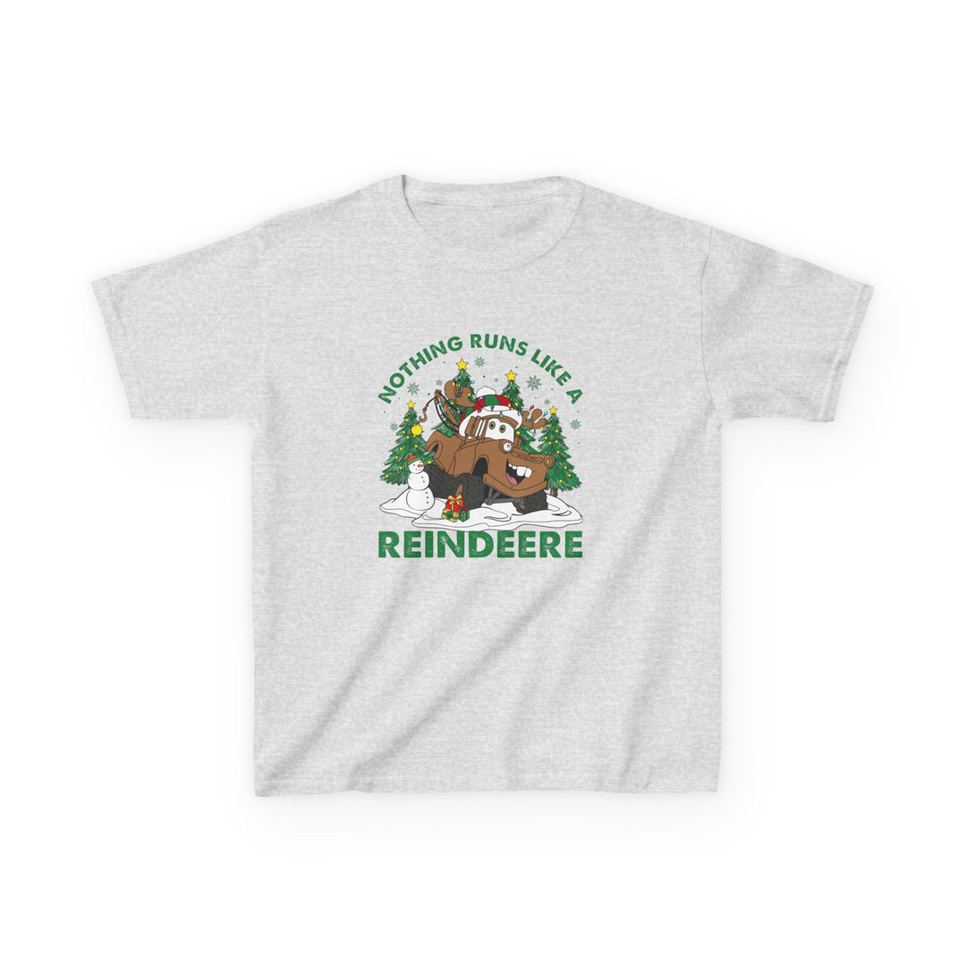 Reindeere Kids Tee featuring a festive reindeer-themed tow-truck design with snow, snowman, gifts, and trees. Made of durable, soft, heather-gray cotton blend.
