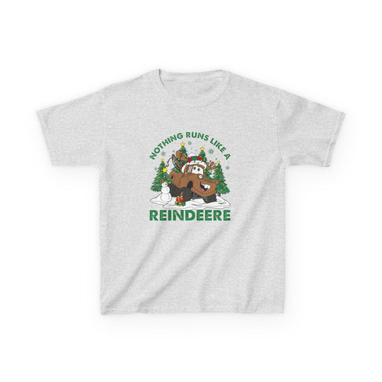 Reindeere Kids Tee featuring a festive reindeer-themed tow-truck design with snow, snowman, gifts, and trees. Made of durable, soft, heather-gray cotton blend.