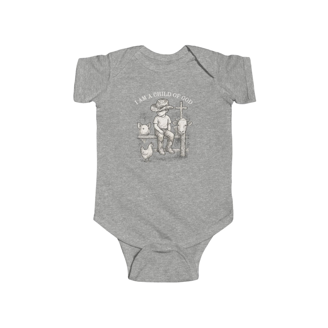 Child of God Onesie featuring a cowboy illustration with farm animals, perfect for infants. Made with soft, durable fabric for comfort and easy changing.