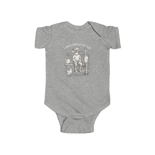 Child of God Onesie featuring a cowboy illustration with farm animals, perfect for infants. Made with soft, durable fabric for comfort and easy changing.