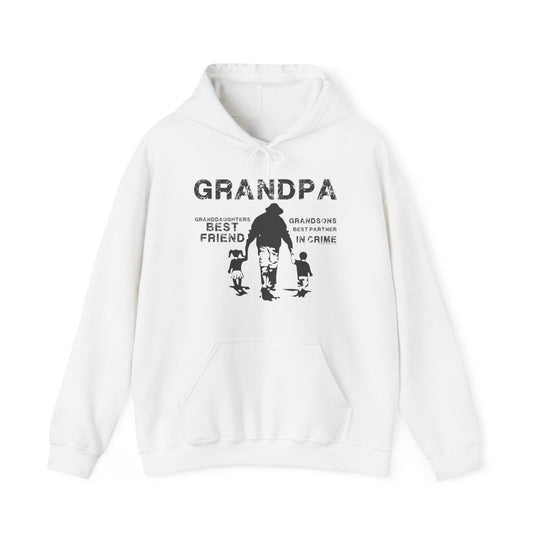 A white sweatshirt with black text featuring a man and child holding hands. Unisex Grandpa and Grandkids Hoodie in cotton-polyester blend, kangaroo pocket, and drawstring hood. Classic fit, tear-away label, medium-heavy fabric.