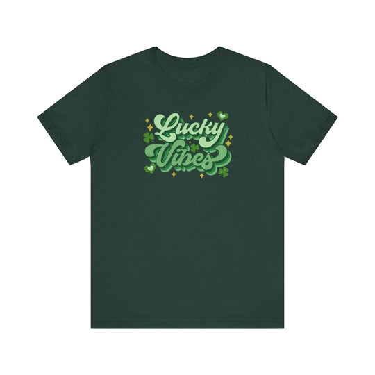 Good Day Lucky Day Tee: Green t-shirt featuring shamrocks and stars, crafted from soft cotton for a comfortable, classic fit.