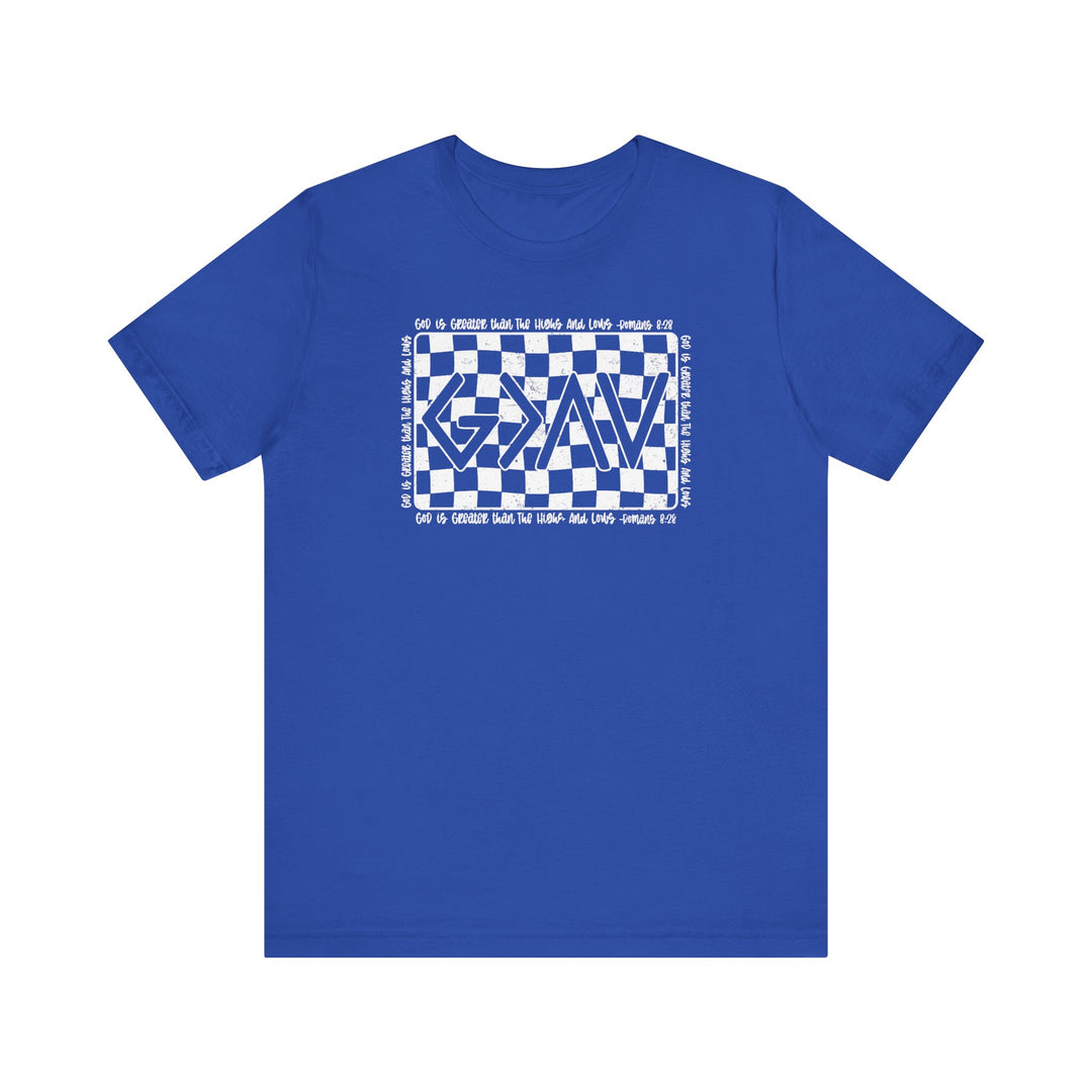 God Highs and Lows Tee featuring a unique blue and white checkered design with white text, crafted from soft cotton for a comfortable fit.