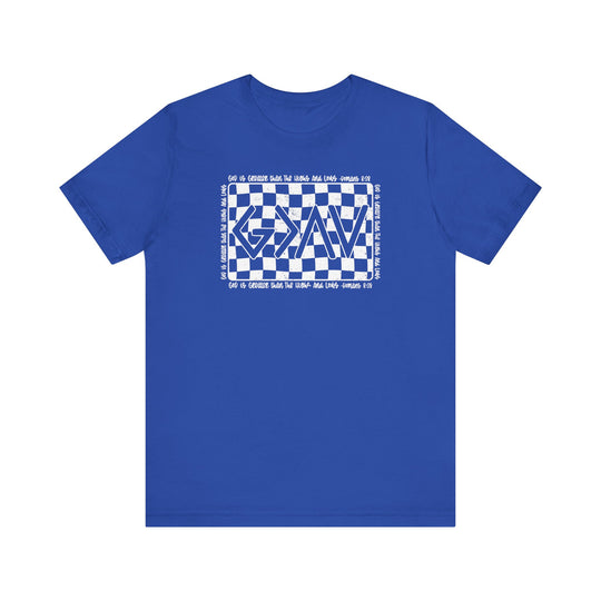 God Highs and Lows Tee featuring a unique blue and white checkered design with white text, crafted from soft cotton for a comfortable fit.