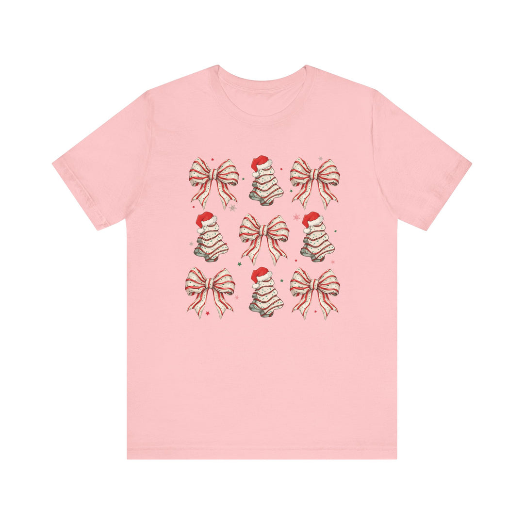 Cookies and Bows Tee with festive bow and Santa-hatted tree pattern, offering a classic fit and soft cotton comfort, ideal for holiday celebrations.