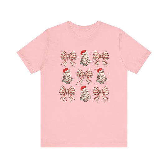 Cookies and Bows Tee with festive bow and Santa-hatted tree pattern, offering a classic fit and soft cotton comfort, ideal for holiday celebrations.