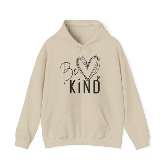 Light-beige Be KiND hoodie with heart accents, featuring a kangaroo pocket and color-matched drawstring, offering cozy comfort and stylish design.