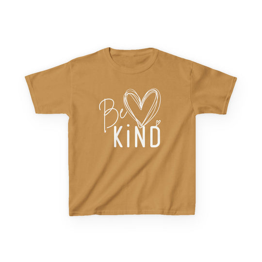 Be Kind Kids Tee: Mustard T-shirt with Be Kind white graphic, featuring cursive Be, heart dot, bold KIND. Made from durable 100% cotton.