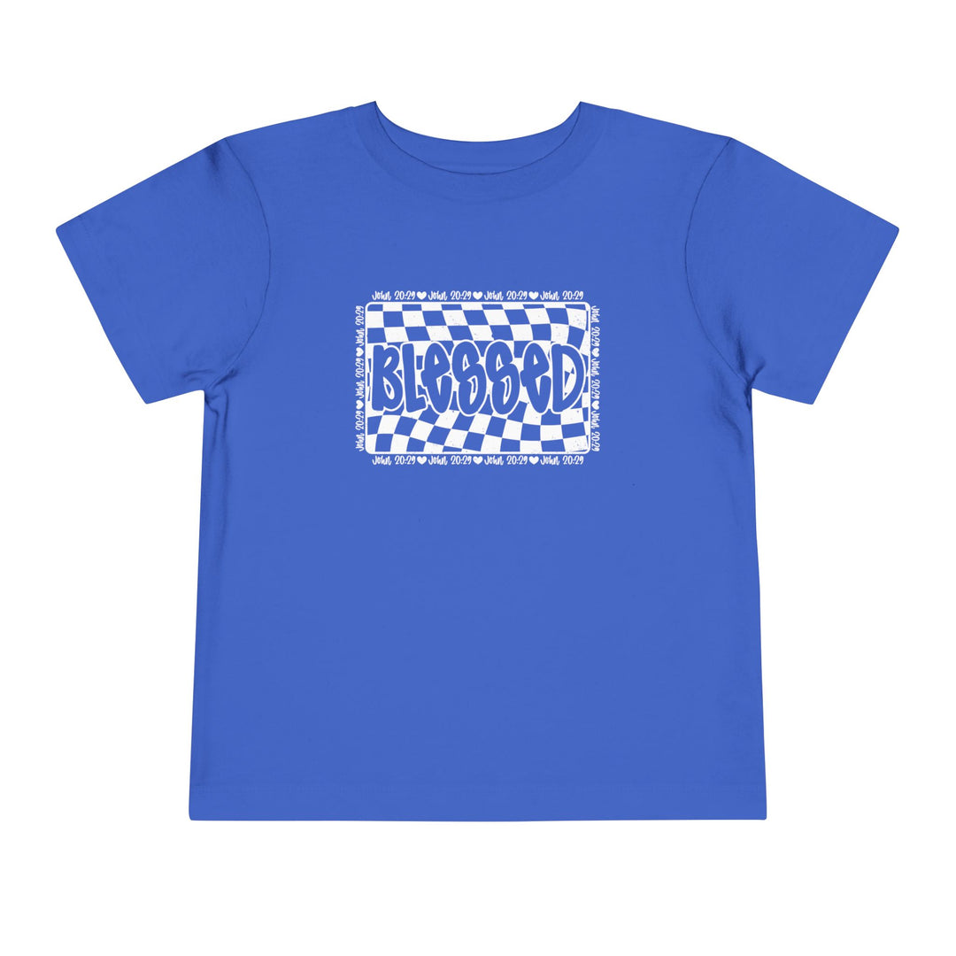Blessed Toddler Tee: A blue checkered design short sleeve t-shirt for toddlers, made of 100% Airlume cotton, featuring a comfortable tear-away label.