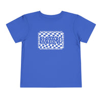 Blessed Toddler Tee: A blue checkered design short sleeve t-shirt for toddlers, made of 100% Airlume cotton, featuring a comfortable tear-away label.