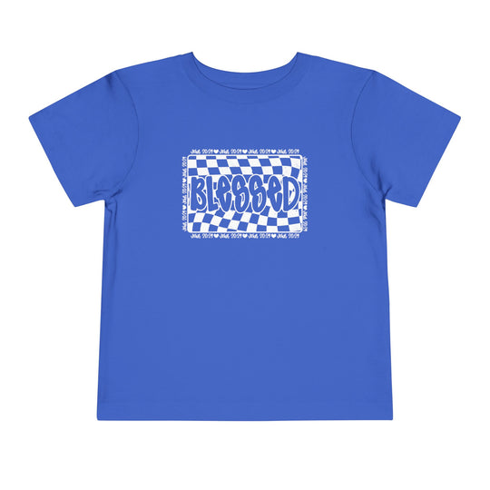Blessed Toddler Tee: A blue checkered design short sleeve t-shirt for toddlers, made of 100% Airlume cotton, featuring a comfortable tear-away label.