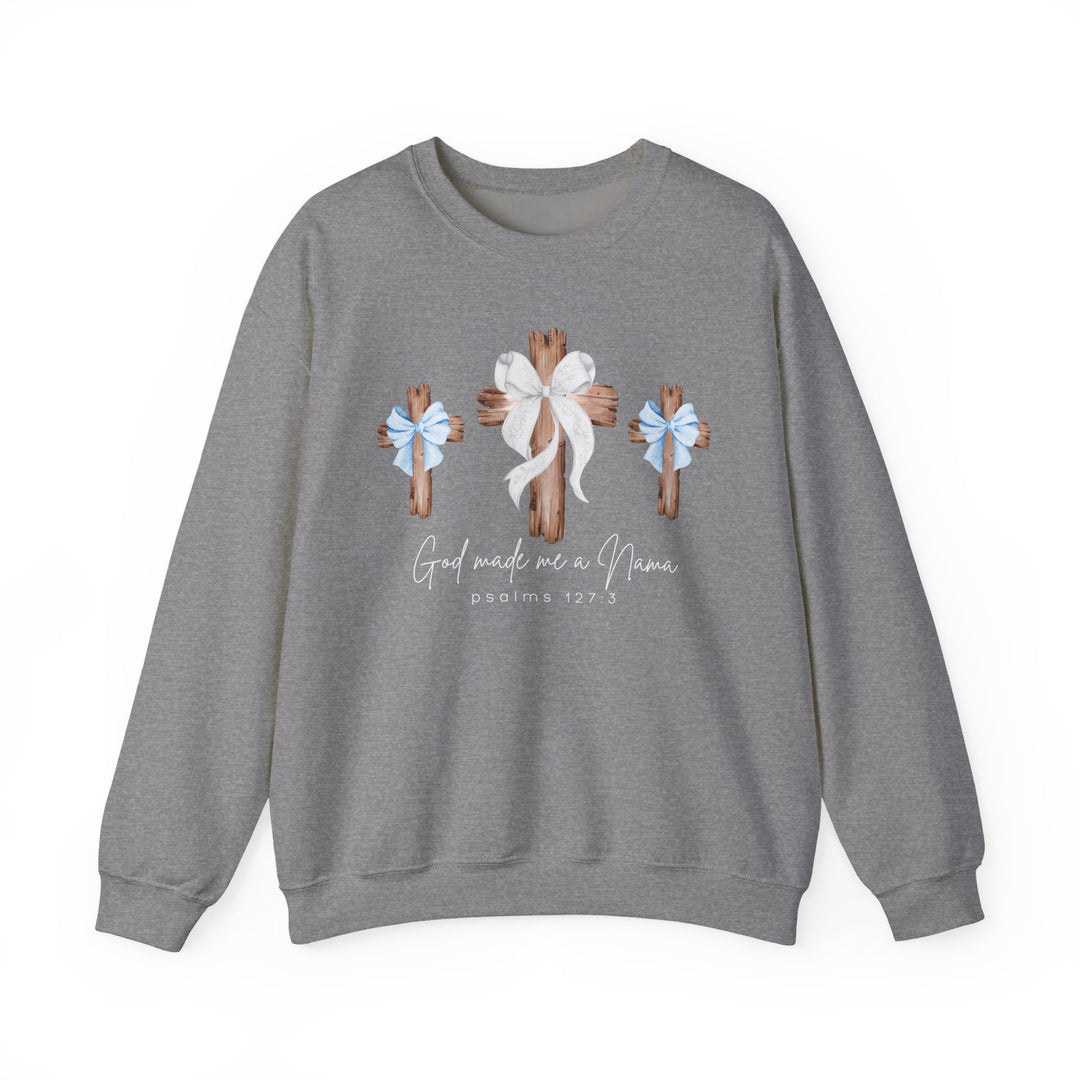 Heather-gray crewneck sweatshirt featuring three rustic crosses and God made me a Nana text, designed for comfort with a polyester-cotton blend.