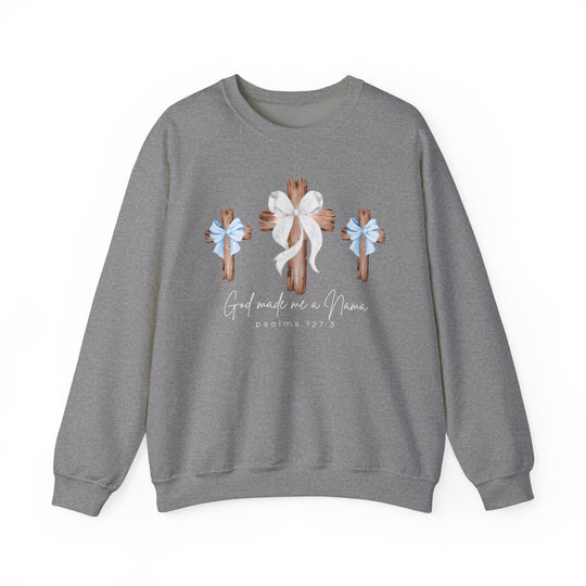 Heather-gray crewneck sweatshirt featuring three rustic crosses and God made me a Nana text, designed for comfort with a polyester-cotton blend.