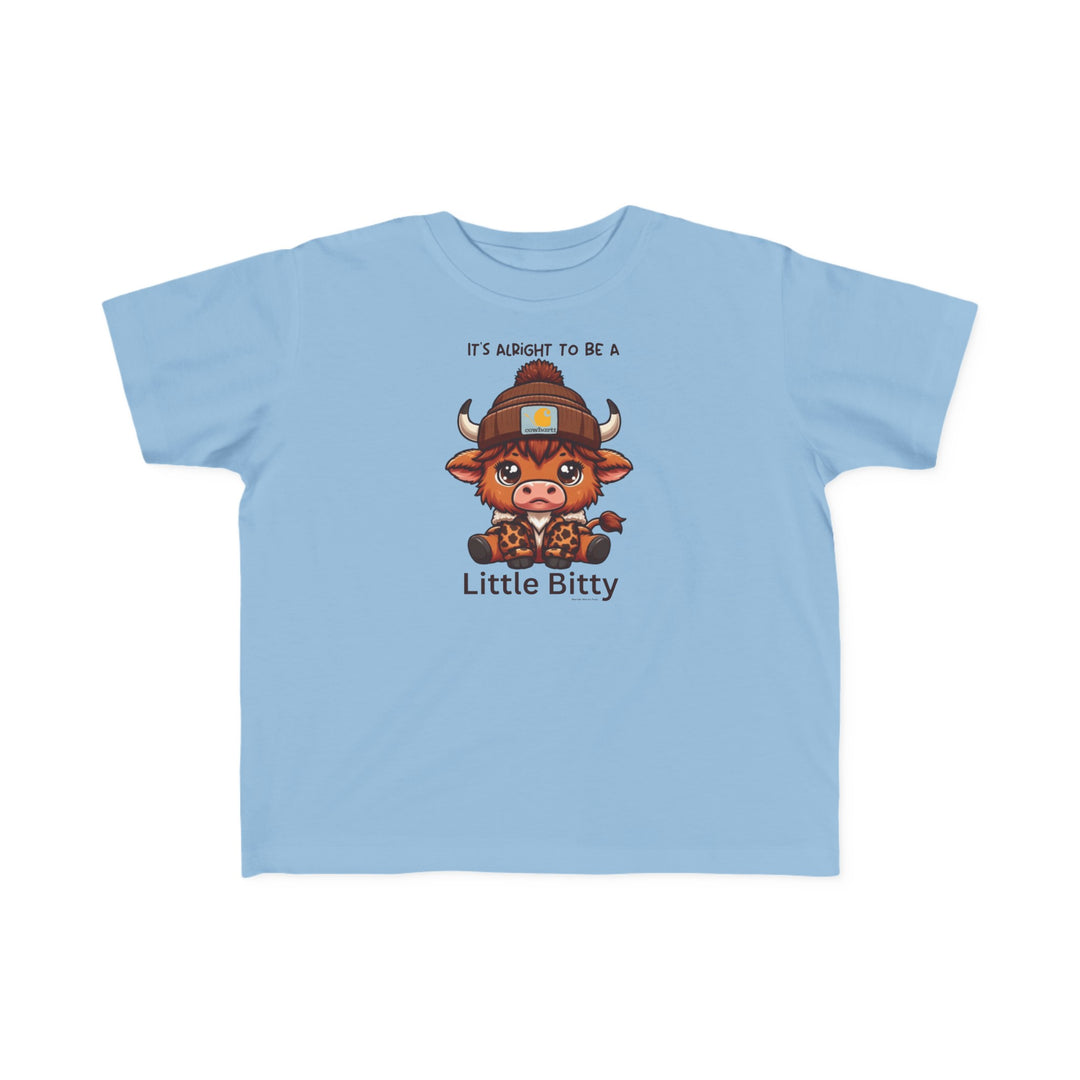 Little Bitty Toddler Tee featuring a cartoon cow, perfect for sensitive skin. 100% combed ringspun cotton, light fabric, tear-away label, classic fit. Available in sizes 2T to 5-6T.