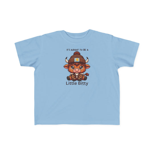 Little Bitty Toddler Tee featuring a cartoon cow, perfect for sensitive skin. 100% combed ringspun cotton, light fabric, tear-away label, classic fit. Available in sizes 2T to 5-6T.